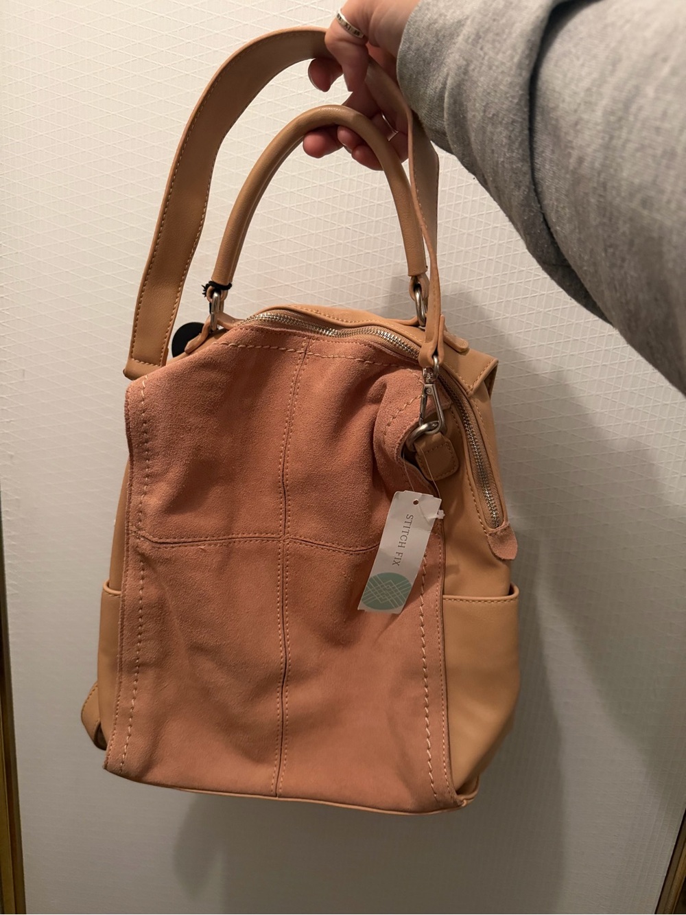 Women's Peach-Tan Suede & Leather Backpack Tote